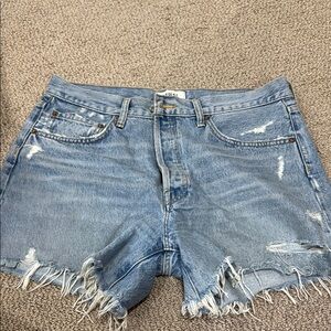 Agolde Blue Distressed Jean Shorts with Raw Hem